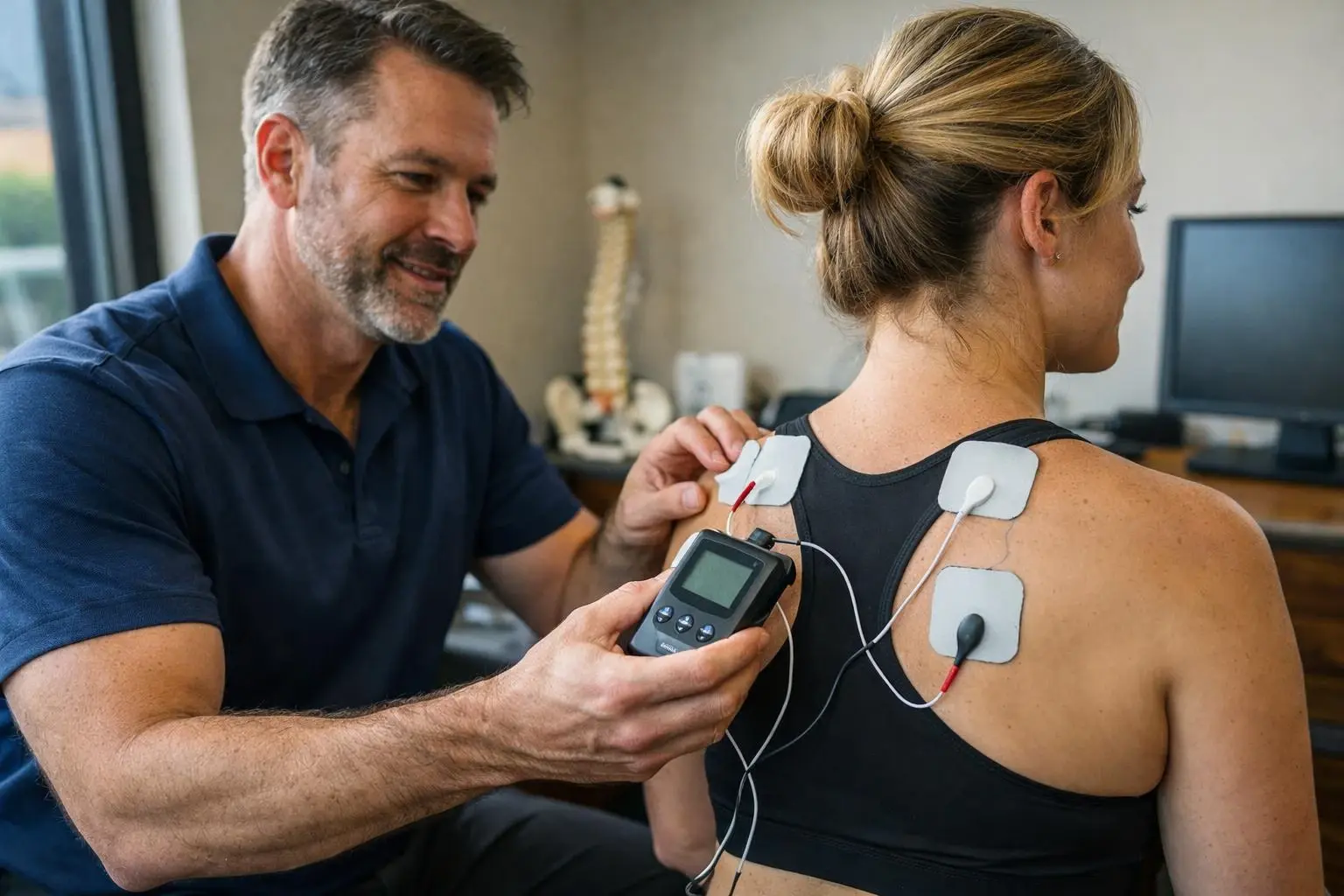 TENS Unit in Chiropractor: TENS Unit is a small, battery-powered medical device that delivers mild electrical—visual guide